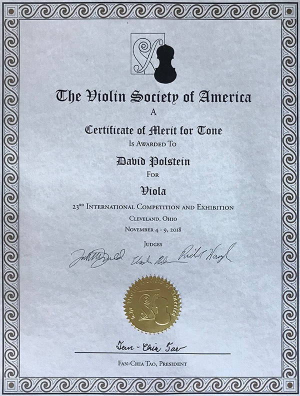 Photo of 2018 VSA viola tone certificate 